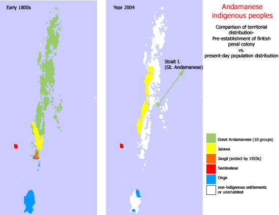 Distribuzione dei popoli indigeni nelle isole Andamane nel 1800 ed oggi. Fonte: wikipedia.