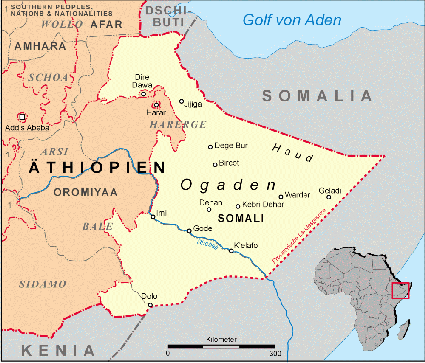 Cartina dell'Ogaden, cio&egrave; dell'attuale regione somala.