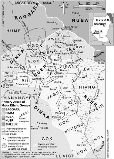 Cartina dell'area abitata da Nuer e Dinka in Sudan. FONTE: Sudan, Oil and Human Rights, 2003.