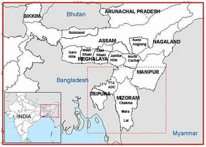 I 'Consigli distrettuali autonomi' del Nordest indiano (manca il 'Darjeeling Gorkha Hill Council' nello Stato di West Bengal, che geograficamente fa parte del Nordest).