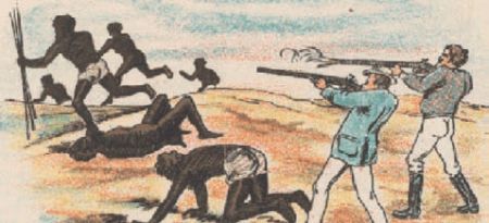 Zeitgenössische Litogrphie von Alfred Scott Broad (1854-1929): Die Weißen erschossen die Aborigines wie Tiere.