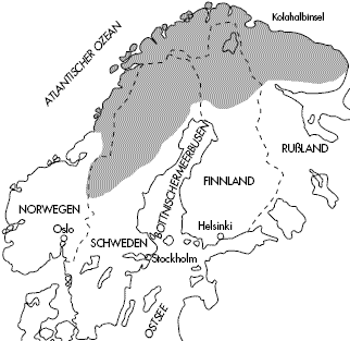Wohngebiete (schattiert) der Sami. Quelle: Gunnar Rönn, Sameland, 1961