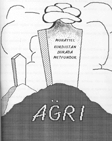 Ricostruzione della prima pagina del quotidiano turco Milliyet del settembre 1930 alla fine della rivolta dell'Ararat. Sulla pietra tombale la scritta: Il sogno di un Curdistan libero è sepolto qui.