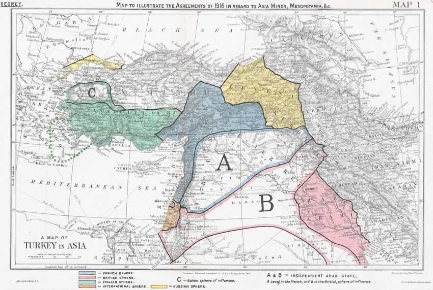 Die Aufteilung des Nahen Ostens nach dem Sykes-Picot-Abkommen. Foto: Stanfords Geographical Establishment London/Public Domain.