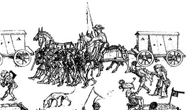 Fahrende im Mittelalter: Kriegsvolk mit Brotwagen, 15. Jahrhundert