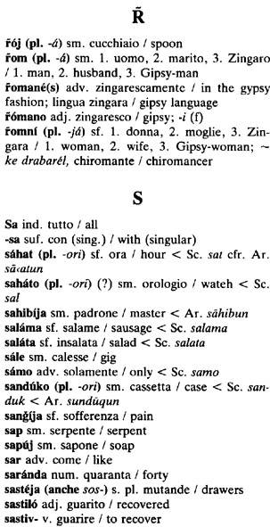 Alcuni termini da un dizionario romanes-italiano