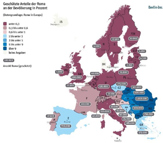 Stima della distribuzione della popolazione Rom in Europa. Grafica: www.berlin-institut.org.