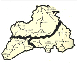 Verwaltungskarte Ladiniens: Die Dreiteilung ist heute noch aufrecht